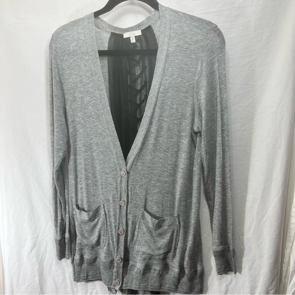 Clu Gray Lace Up Tulle Back Cardigan Sweater Womens Large Made in USA V-Neck